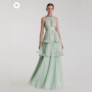 Mac Duggal Green High Neck Chiffon Tiered Gown with Cut Out size 10 USED ONCE.